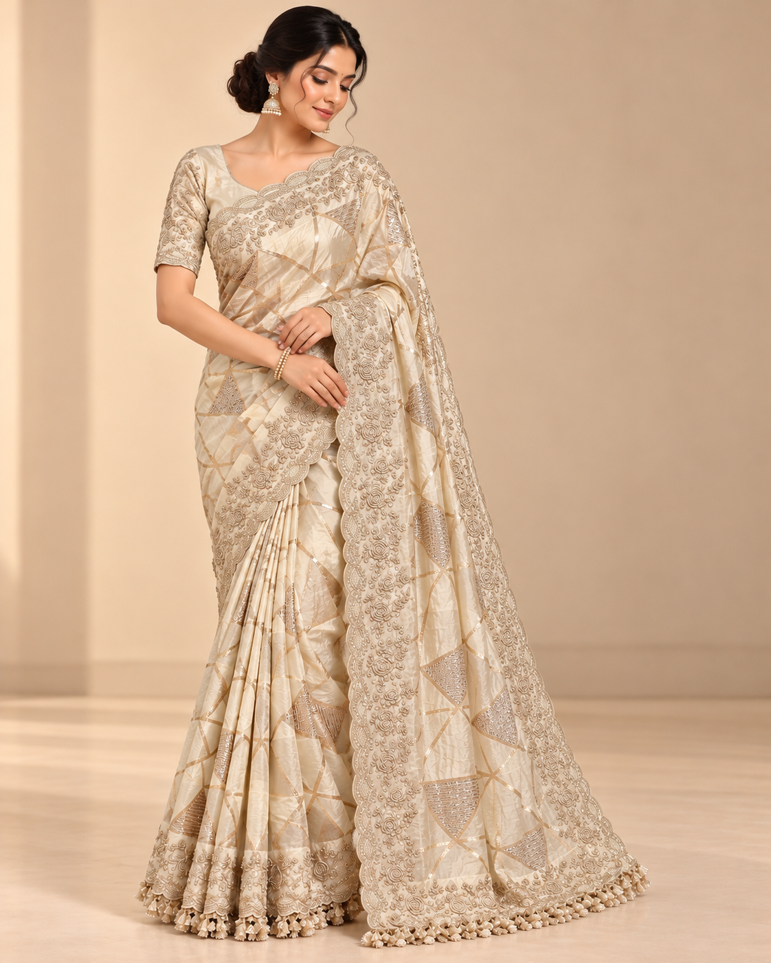 Ivory Champagne Geometric Embroidered Saree