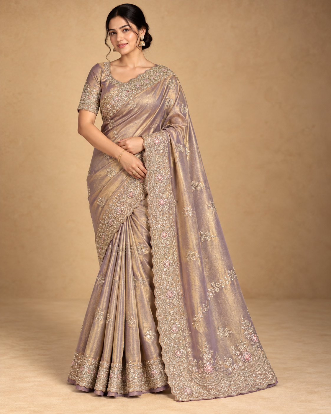 Mauve Gold Embroidered Silk Elegance